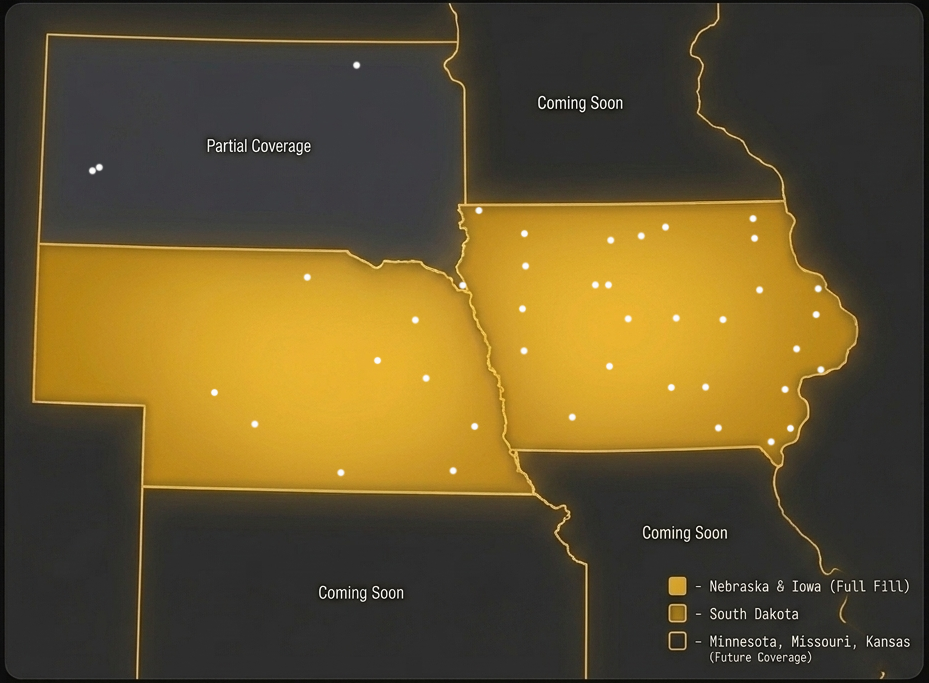 Coverage area map — Nebraska and Iowa full coverage, South Dakota partial, Minnesota/Missouri/Kansas coming soon